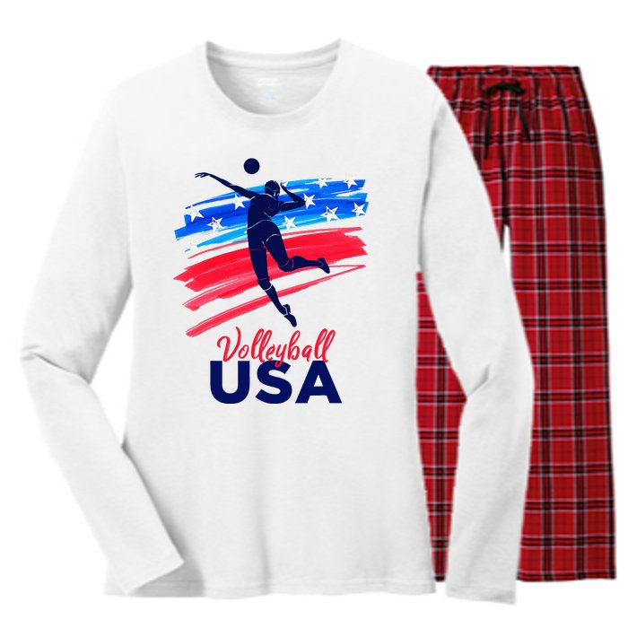 Volleyball Usa Support The Team U.S.A Flag Women's Long Sleeve Flannel Pajama Set 