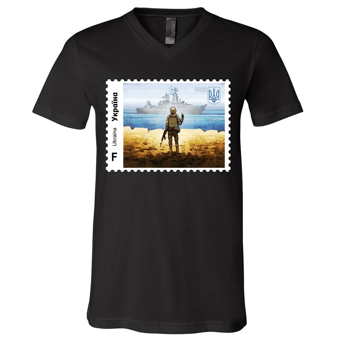 Vintage Ukraine Stamp Russian Warship Go F Yourself Ukrainian Flag Pride V-Neck T-Shirt
