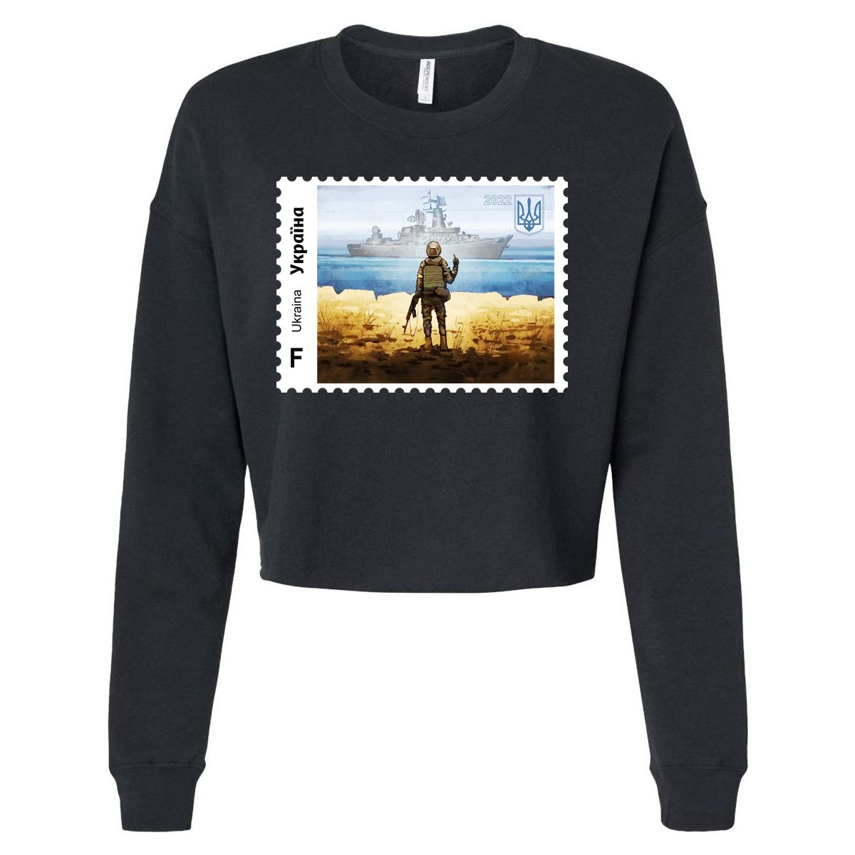Vintage Ukraine Stamp Russian Warship Go F Yourself Ukrainian Flag Pride Cropped Pullover Crew