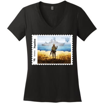 Vintage Ukraine Stamp Russian Warship Go F Yourself Ukrainian Flag Pride Women's V-Neck T-Shirt