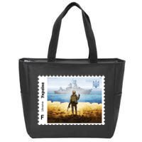 Vintage Ukraine Stamp Russian Warship Go F Yourself Ukrainian Flag Pride Zip Tote Bag