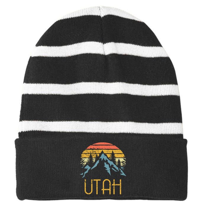 Vintage Ut Utah Mountains Outdoor Adventure Striped Beanie with Solid Band