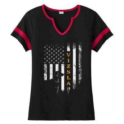 Vintage USA Vizsla Dog Silhouette American Flag Funny Gift Ladies Halftime Notch Neck Tee