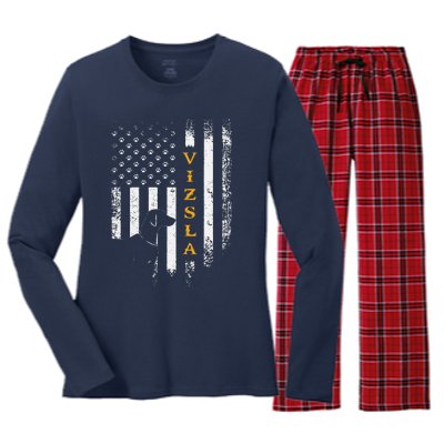 Vintage USA Vizsla Dog Silhouette American Flag Funny Gift Women's Long Sleeve Flannel Pajama Set 