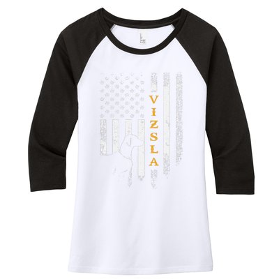 Vintage USA Vizsla Dog Silhouette American Flag Funny Gift Women's Tri-Blend 3/4-Sleeve Raglan Shirt