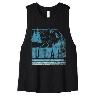 Vintage Utah Winter Snow Mountains Ski Lift Ut Women's Racerback Cropped Tank