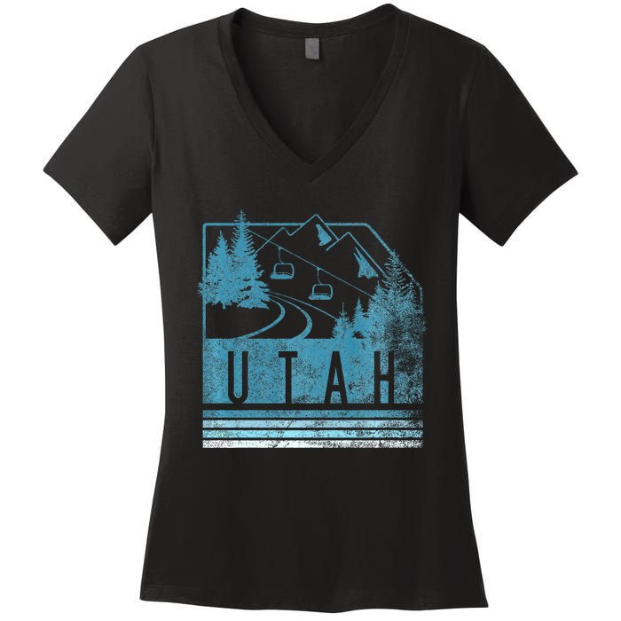 Vintage Utah Winter Snow Mountains Ski Lift Ut Women's V-Neck T-Shirt