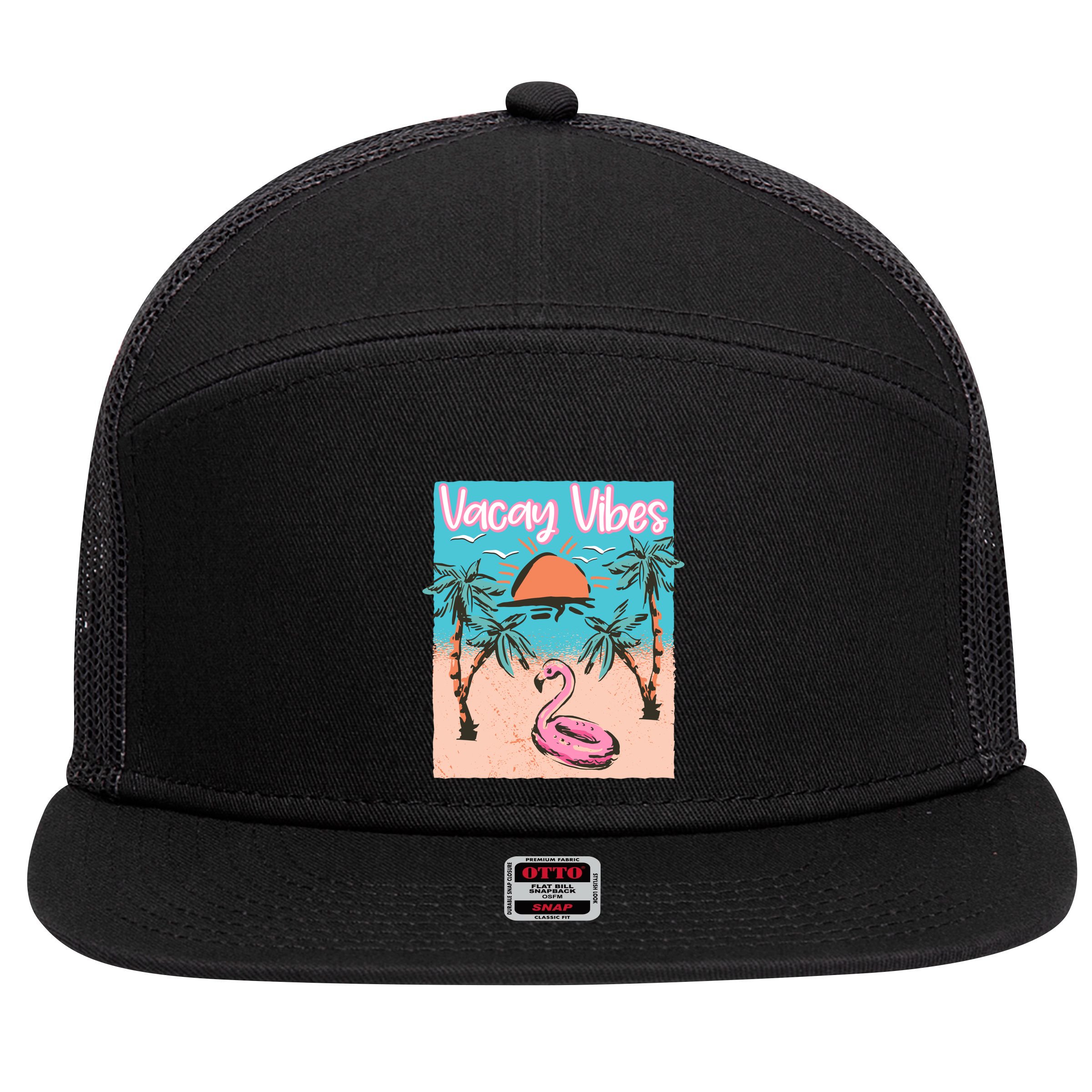Vacay Vibes Beach Flamingo Summer Vacation Gift 7 Panel Mesh Trucker Snapback Hat