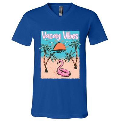 Vacay Vibes Beach Flamingo Summer Vacation Gift V-Neck T-Shirt