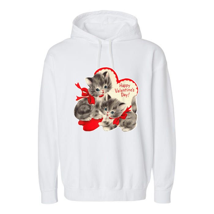 Vintage ValentineS Day Cat Kitten Kitty Retro Valentine Garment-Dyed Fleece Hoodie