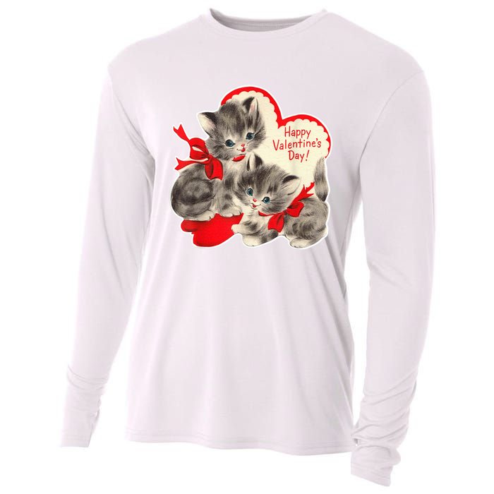 Vintage ValentineS Day Cat Kitten Kitty Retro Valentine Cooling Performance Long Sleeve Crew