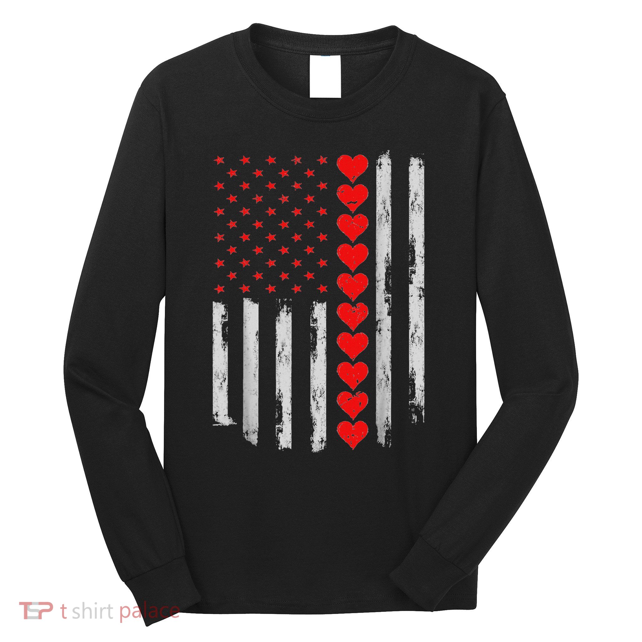 Vintage Valentines Day American Flag Hearts Long Sleeve Shirt