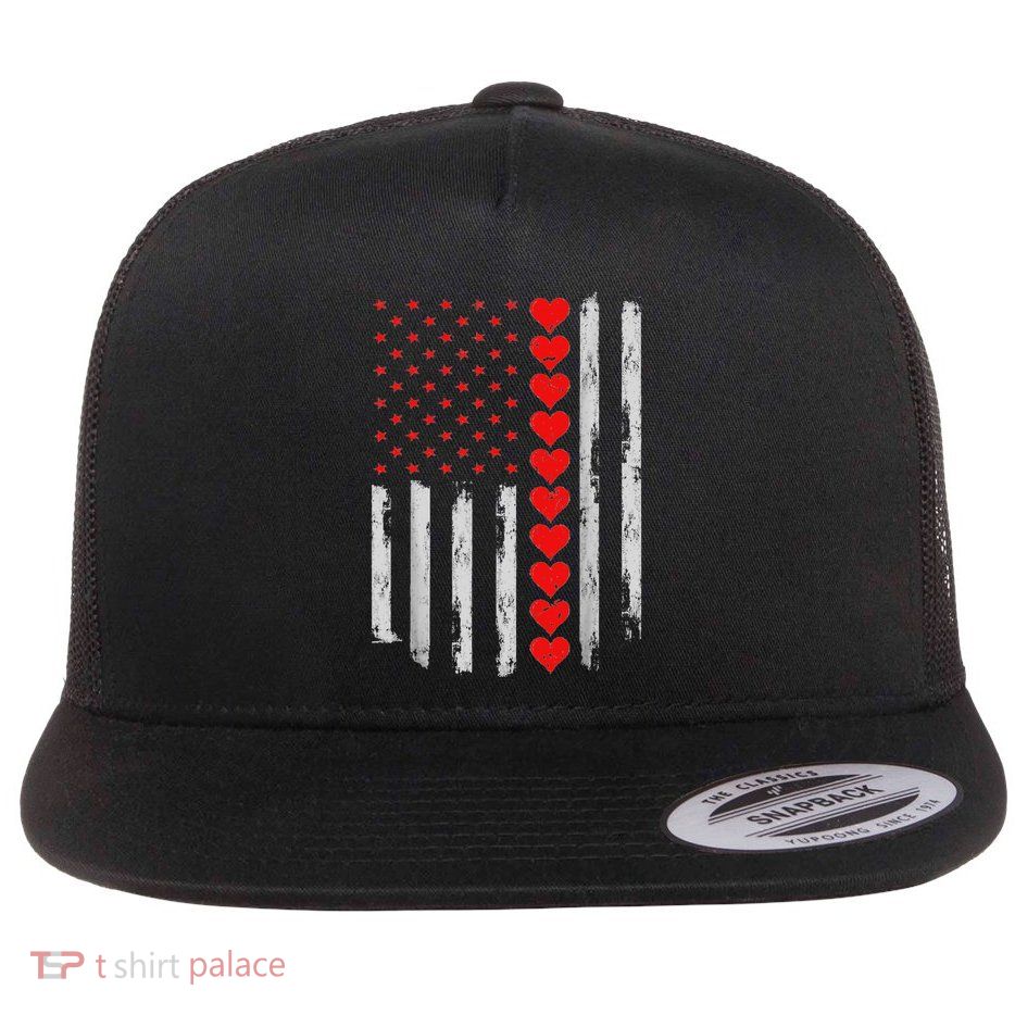 Vintage Valentines Day American Flag Hearts Flatbill Hat