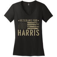 Vintage Veterans For Harris 2024 Military Vets Kamala Harris Gift Women's V-Neck T-Shirt