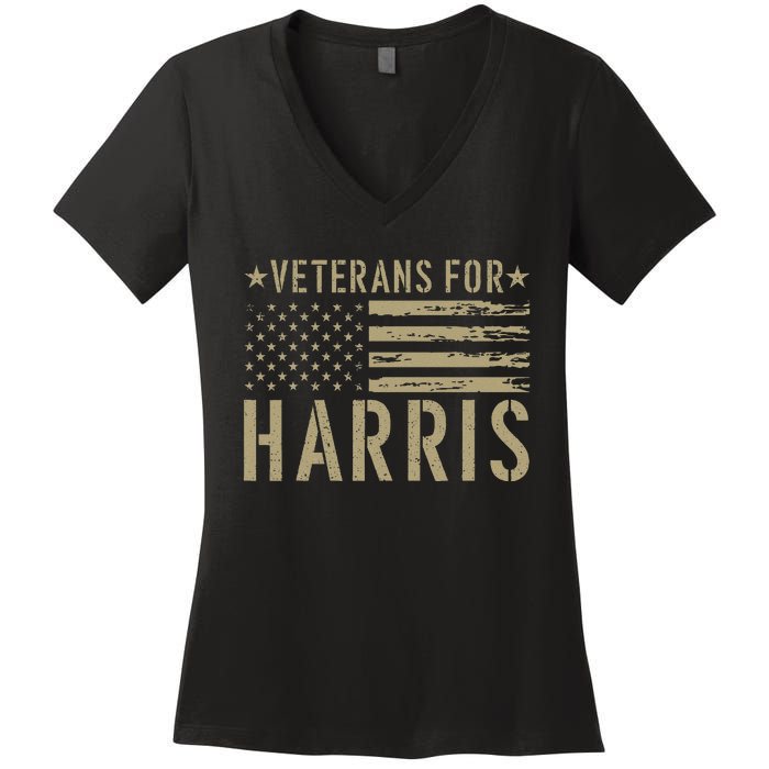 Vintage Veterans For Harris 2024 Military Vets Kamala Harris Gift Women's V-Neck T-Shirt