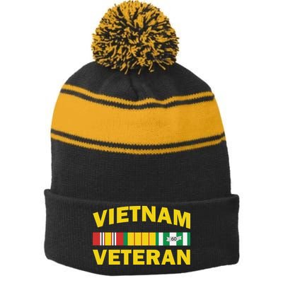 Vietnam Veteran Flag Logo Stripe Pom Pom Beanie