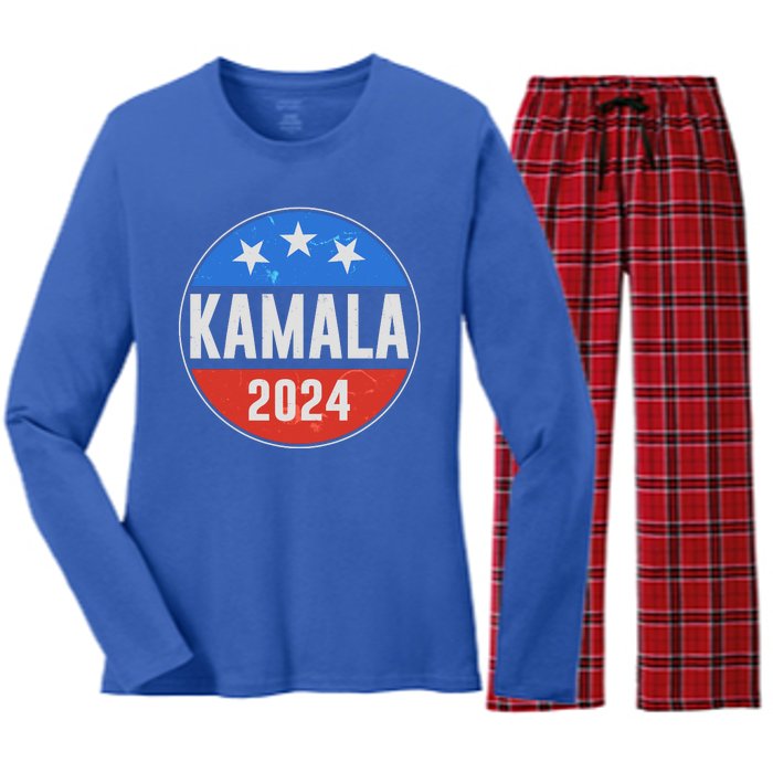 Vintage Vote Kamala 2024 Election Emblem Women's Long Sleeve Flannel Pajama Set 