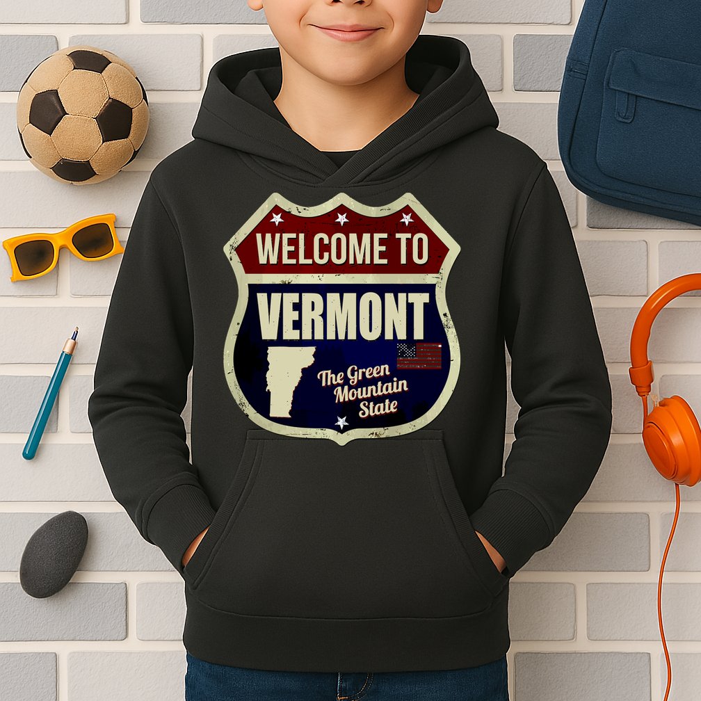 Vermont Vintage Metal Road Sign Logo Kids Hoodie