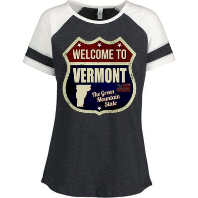 Vermont Vintage Metal Road Sign Logo Enza Ladies Jersey Colorblock Tee