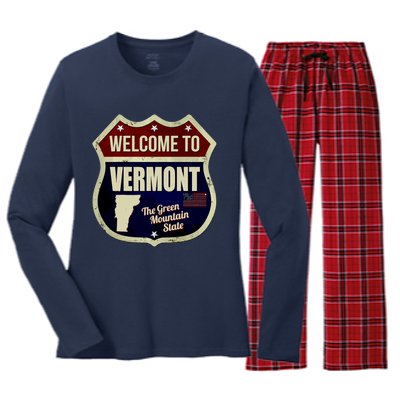 Vermont Vintage Metal Road Sign Logo Women's Long Sleeve Flannel Pajama Set 