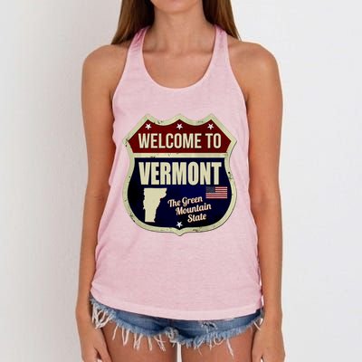 Vermont Vintage Metal Road Sign Logo Women's Knotted Racerback Tank