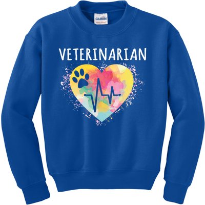 Veterinarian Vet Paw Print And Heartbeat Heart Watercolor Art Gift Kids Sweatshirt