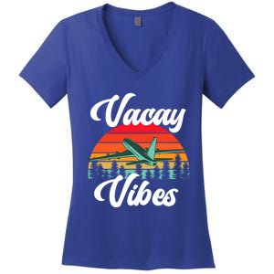 Vacay Vibes Retro Beach Vacation Summer Quote Airplane Gift Women's V-Neck T-Shirt