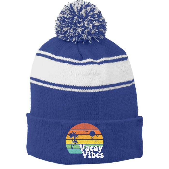 Vacay Vibes Retro Beach Vacation Summer Quote Gift Cute Gift Stripe Pom Pom Beanie