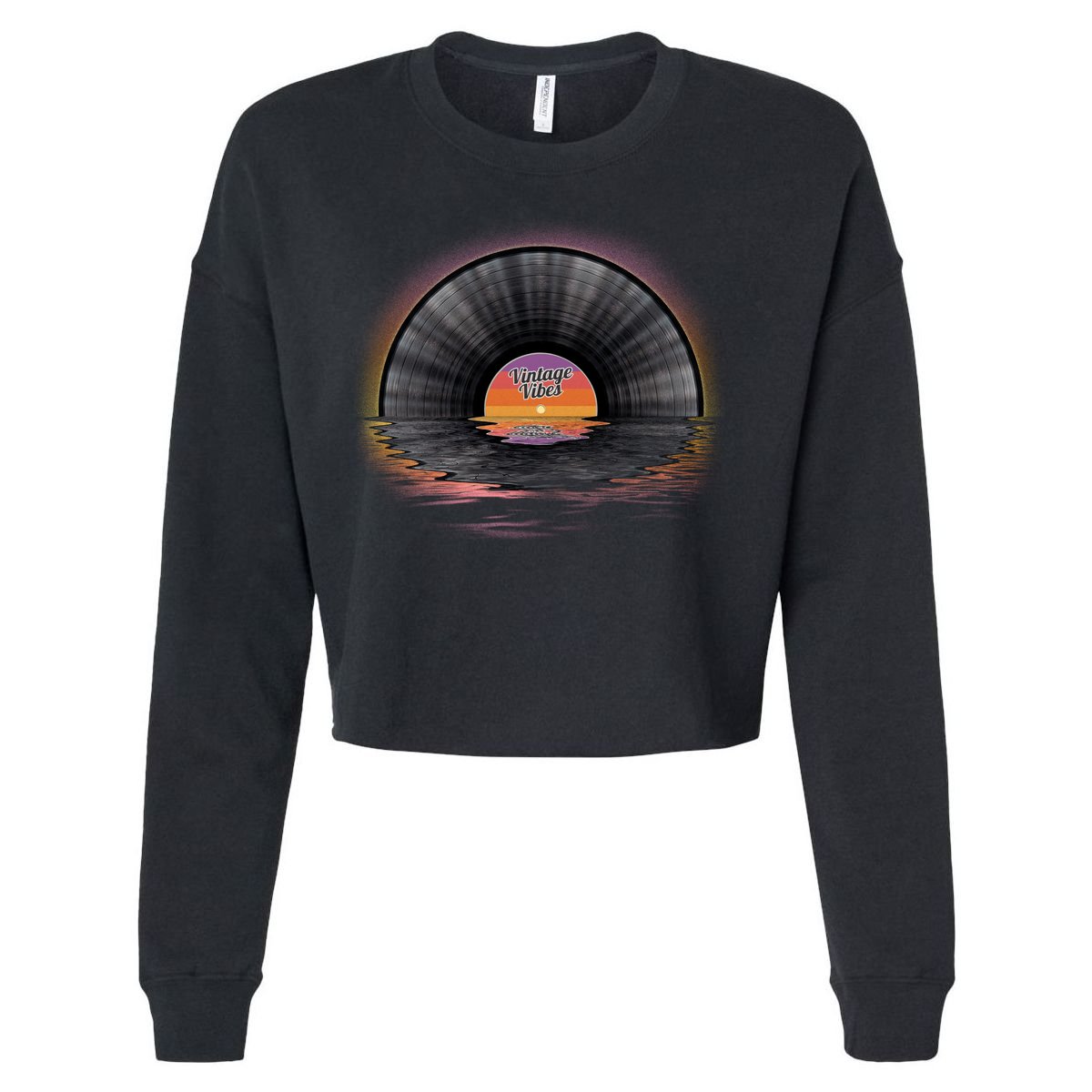 Vintage Vinyl Record Sunset Cropped Pullover Crew