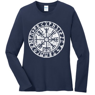 Vintage Vegvisir Symbol Futhark Runes Viking Compass Norse Protection Ladies Long Sleeve Shirt