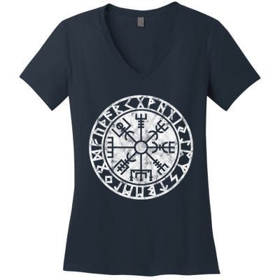 Vintage Vegvisir Symbol Futhark Runes Viking Compass Norse Protection Women's V-Neck T-Shirt