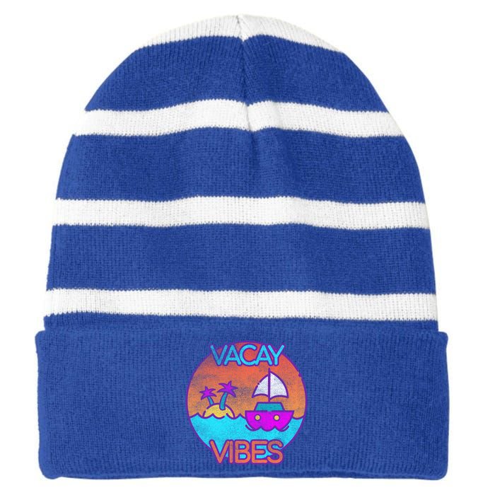 Vintage Vacay Summer Beach Palms Cruise Vacation Vibes Tee Great Gift Striped Beanie with Solid Band