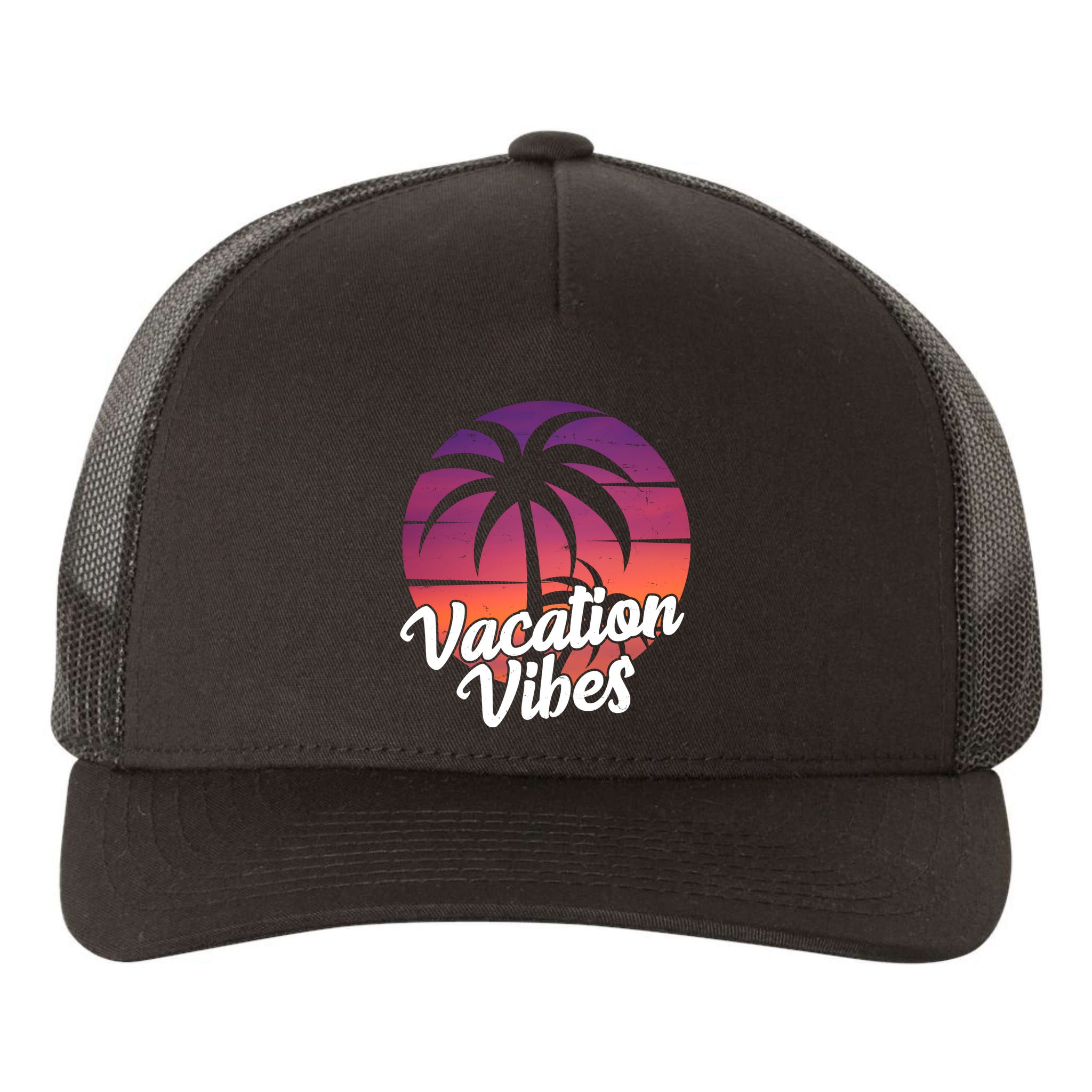 Vacation Vibes Tropical Retro Sunset Yupoong Adult 5-Panel Trucker Hat