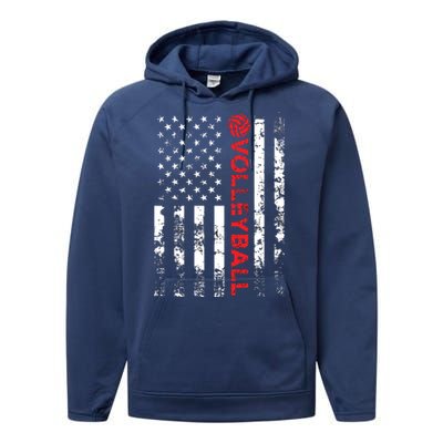 Volleyball Vintage USA American Flag Performance Fleece Hoodie