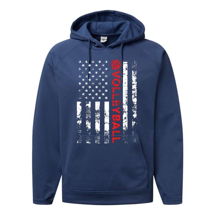 Volleyball Vintage USA American Flag Performance Fleece Hoodie