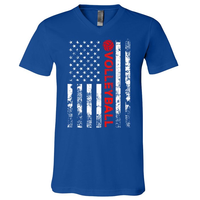 Volleyball Vintage Usa American Flag Gift V-Neck T-Shirt