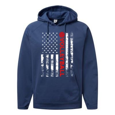 Volleyball Vintage Usa American Flag Gift Performance Fleece Hoodie