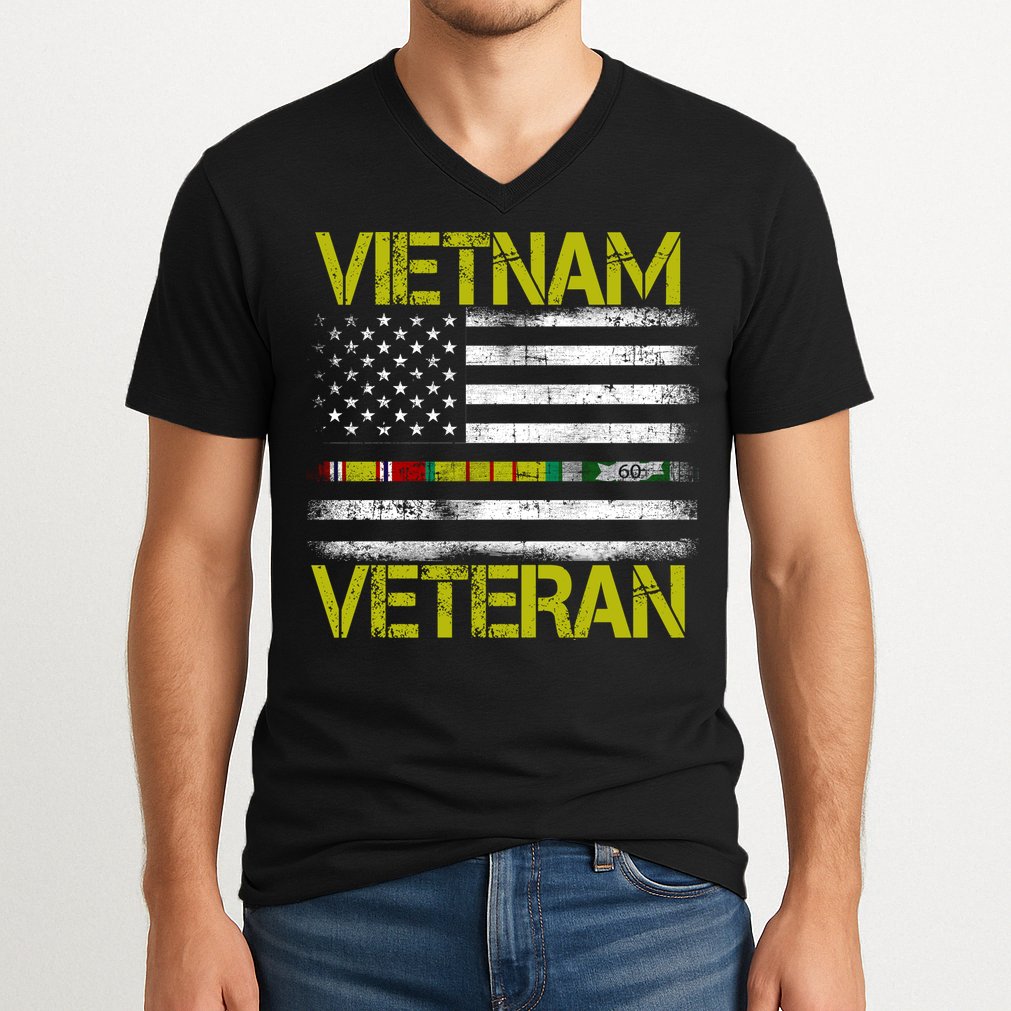 Vietnam Veteran USA Flag Ribbon Gift V-Neck T-Shirt