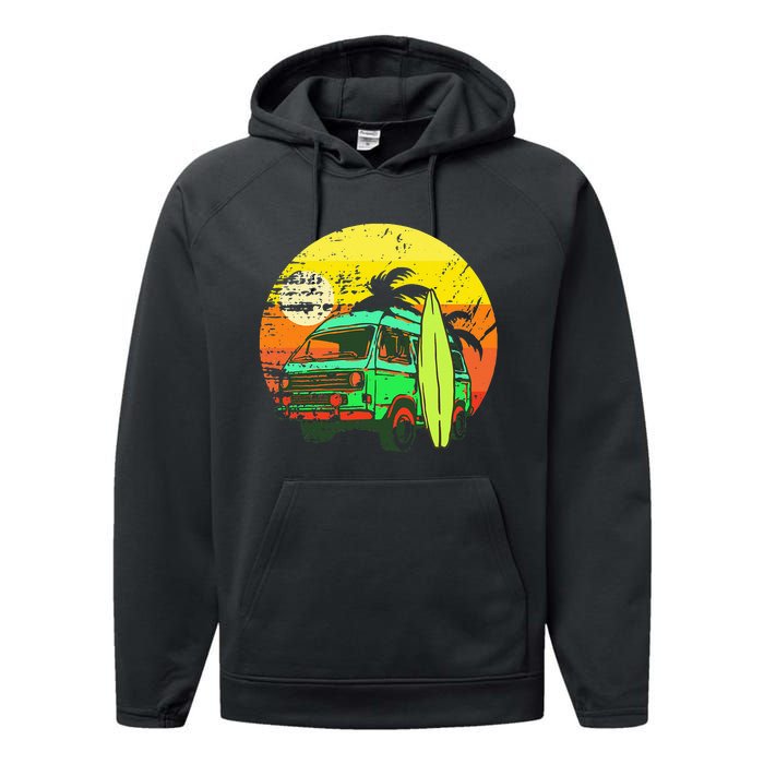 Vintage Van Van Life Distressed Sunset Retro Van Performance Fleece Hoodie