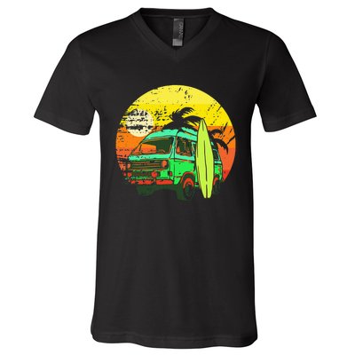 Vintage Van Van Life Distressed Sunset Retro Van V-Neck T-Shirt