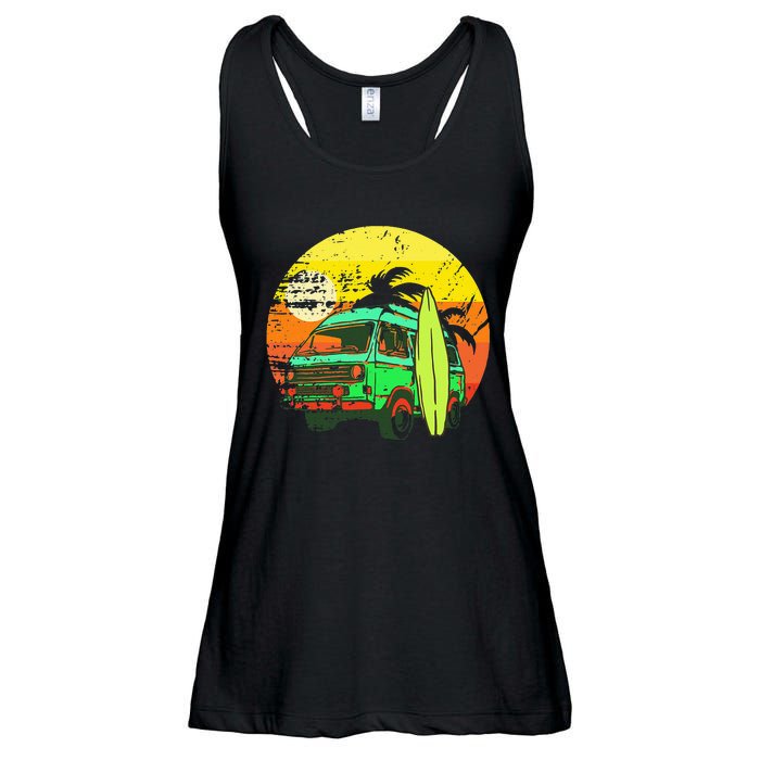 Vintage Van Van Life Distressed Sunset Retro Van Ladies Essential Flowy Tank