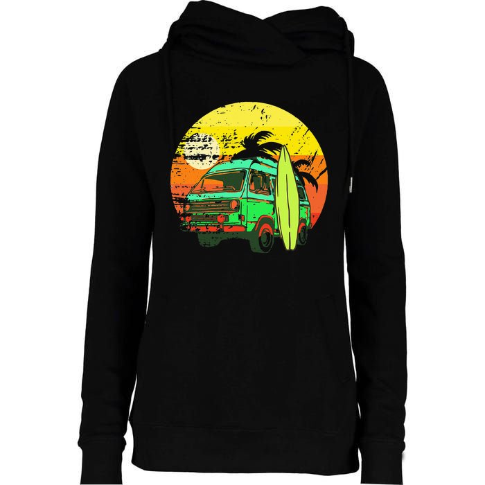 Vintage Van Van Life Distressed Sunset Retro Van Womens Funnel Neck Pullover Hood