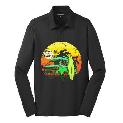 Vintage Van Van Life Distressed Sunset Retro Van Silk Touch Performance Long Sleeve Polo