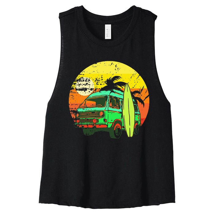 Vintage Van Van Life Distressed Sunset Retro Van Women's Racerback Cropped Tank