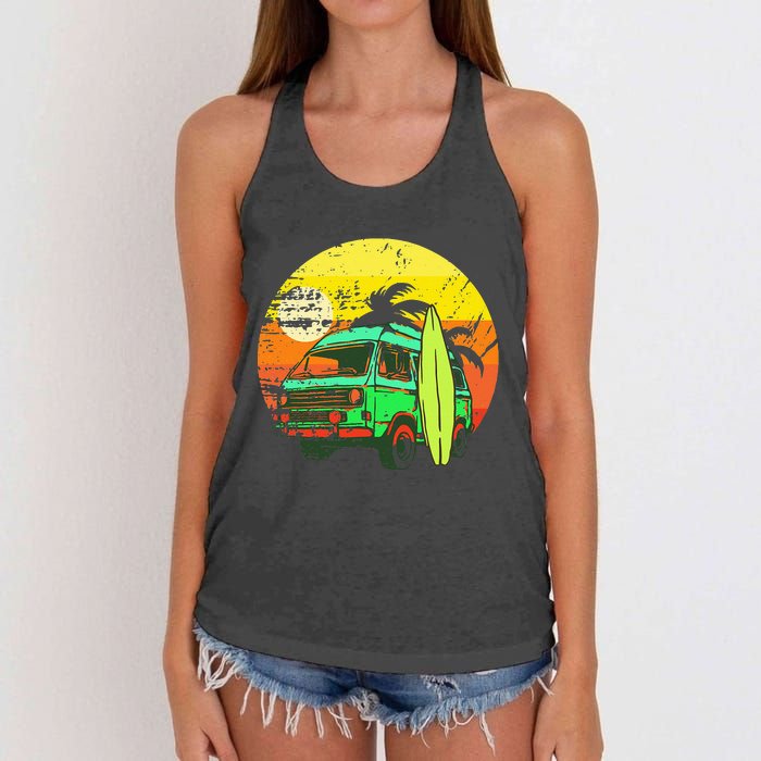 Vintage Van Van Life Distressed Sunset Retro Van Women's Knotted Racerback Tank