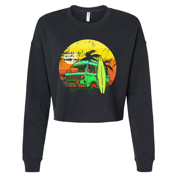 Vintage Van Van Life Distressed Sunset Retro Van Cropped Pullover Crew