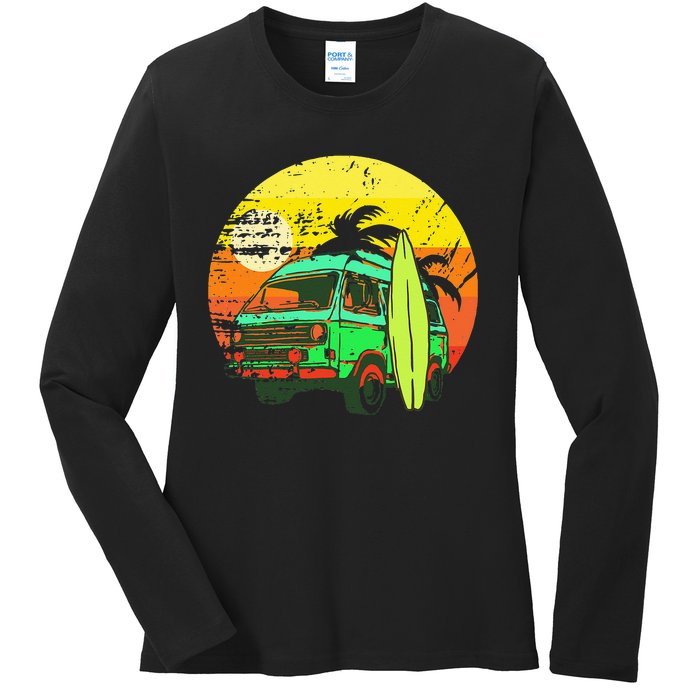 Vintage Van Van Life Distressed Sunset Retro Van Ladies Long Sleeve Shirt