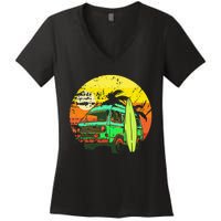 Vintage Van Van Life Distressed Sunset Retro Van Women's V-Neck T-Shirt