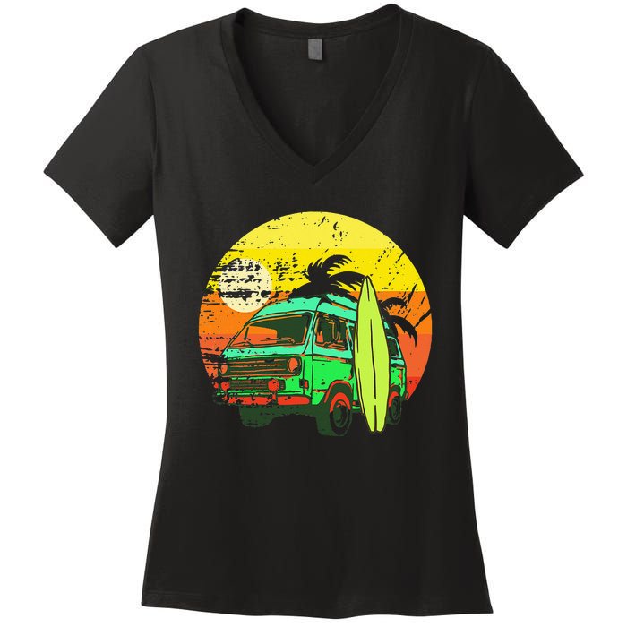 Vintage Van Van Life Distressed Sunset Retro Van Women's V-Neck T-Shirt