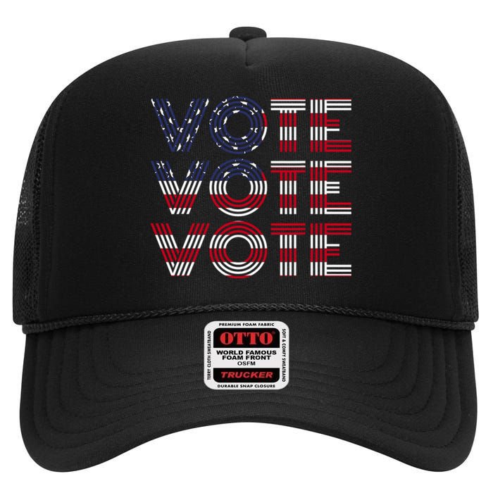 Vote Vote Vote Flag America Retro Election Simple Design High Crown Mesh Back Trucker Hat